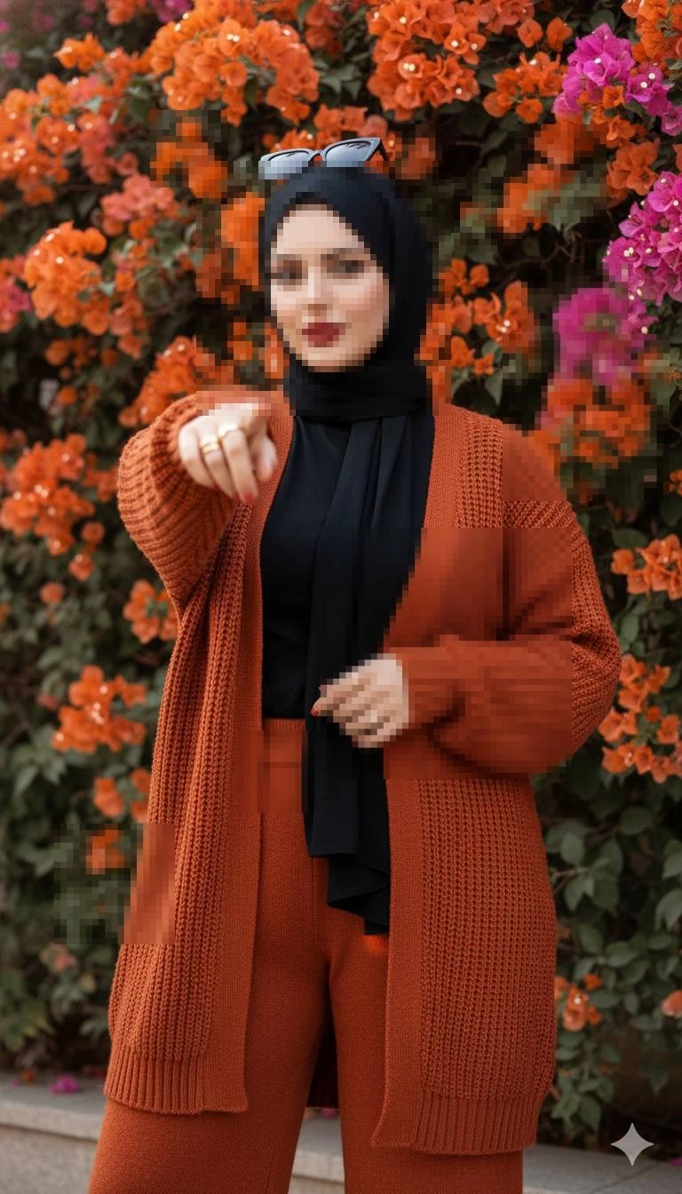 Woman in rust-orange outfit and black hijab posing confidently by flowers