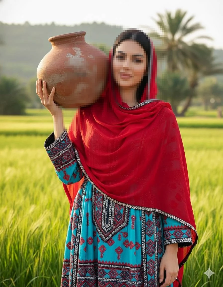 Woman in traditional dress carrying clay pot in a green field at sunset