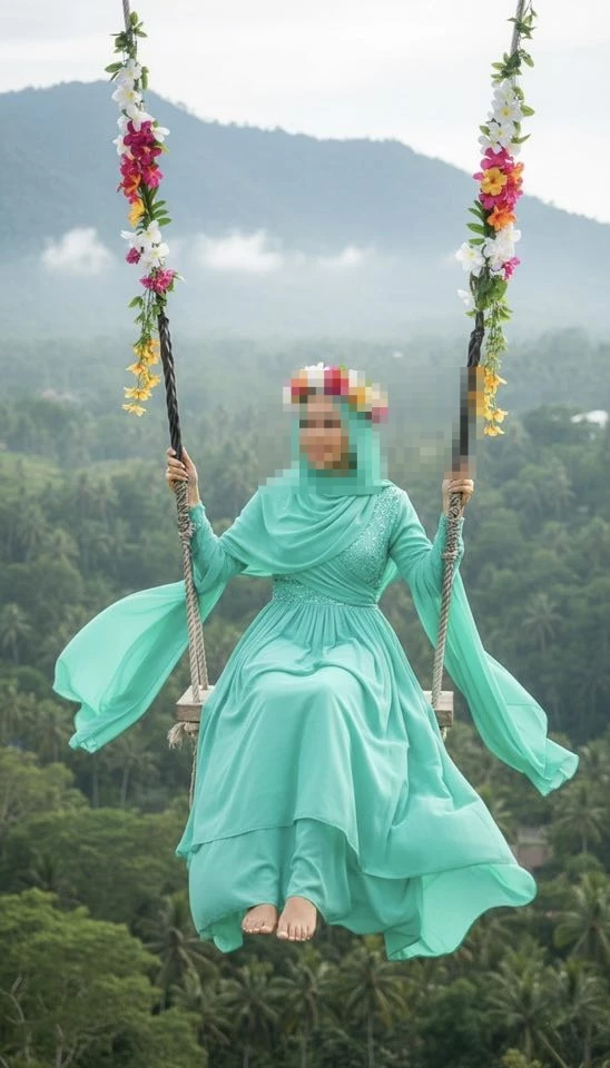 Woman in turquoise dress swinging over tropical forest with floral crown
