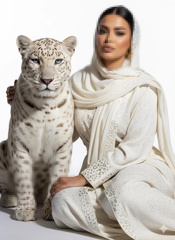 Woman in White Abaya Posing Beside Snow Leopard in Elegant Studio Setting