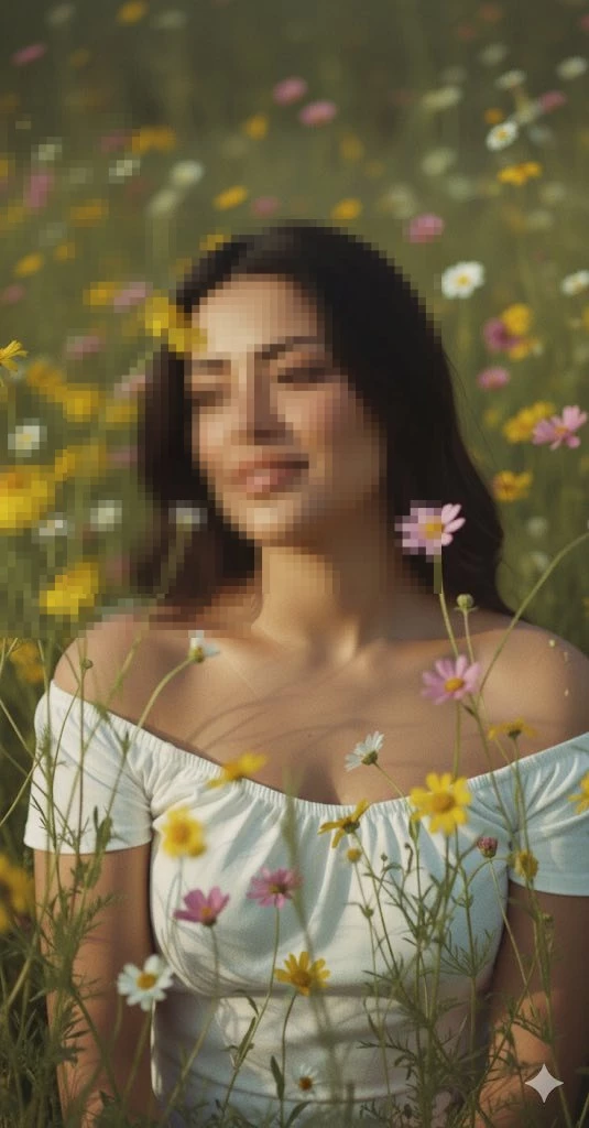 Woman in White Dress Sitting Peacefully Among Colorful Wildflowers