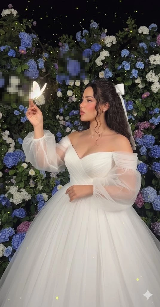 Woman in White Gown Holding Glowing Butterfly Before Floral Backdrop