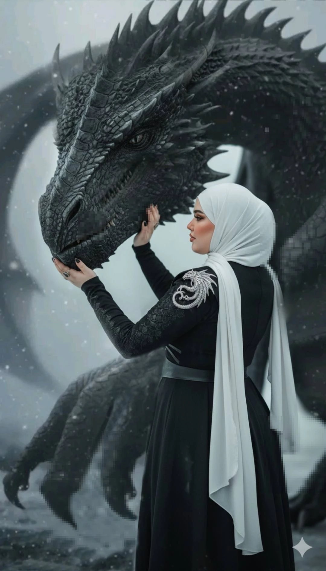 Woman in white hijab bonding with a black dragon in a snowy fantasy scene