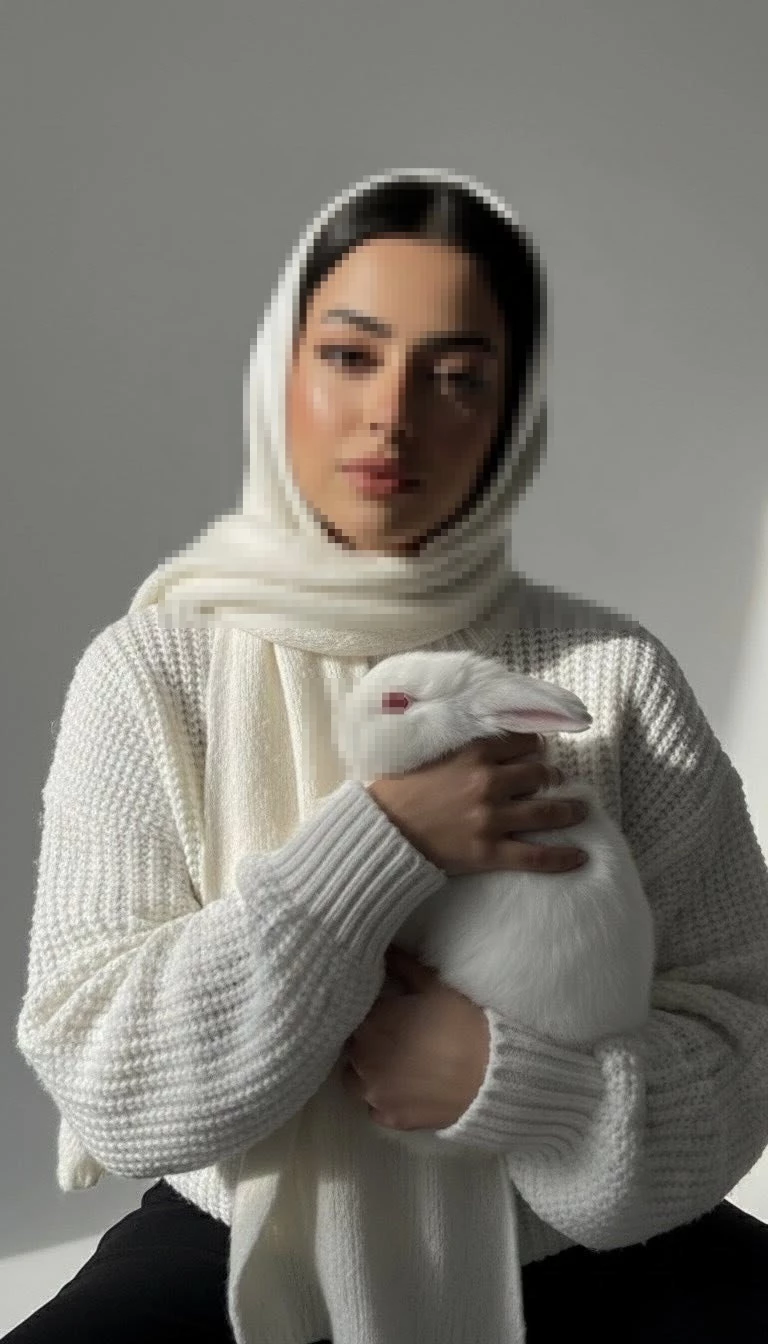 Woman in white hijab holding a white rabbit under soft natural light