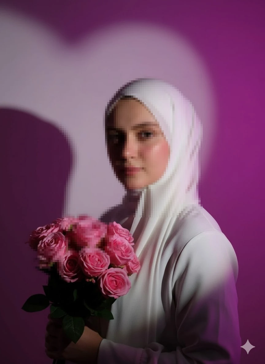 Woman in White Hijab Holding Pink Roses Against Purple Background