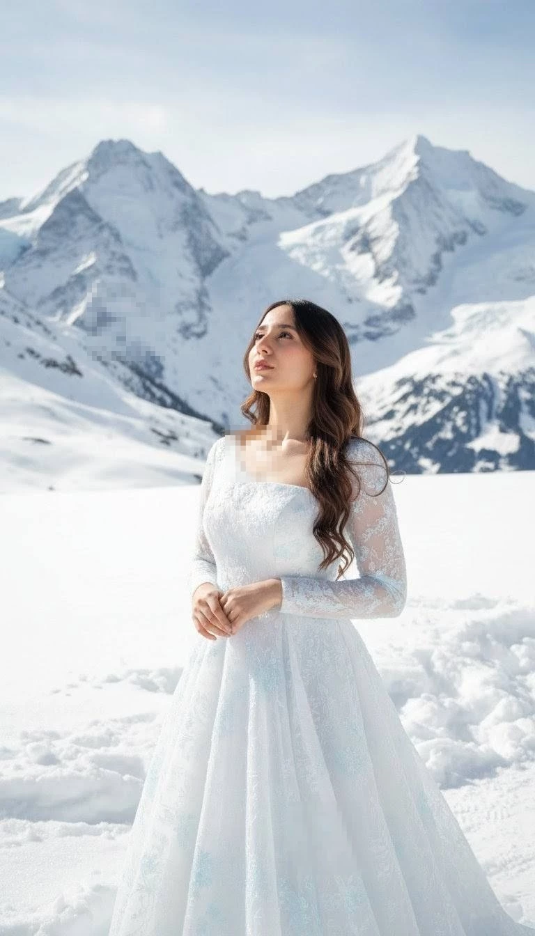 Woman in white lace gown standing peacefully in snowy mountain landscape
