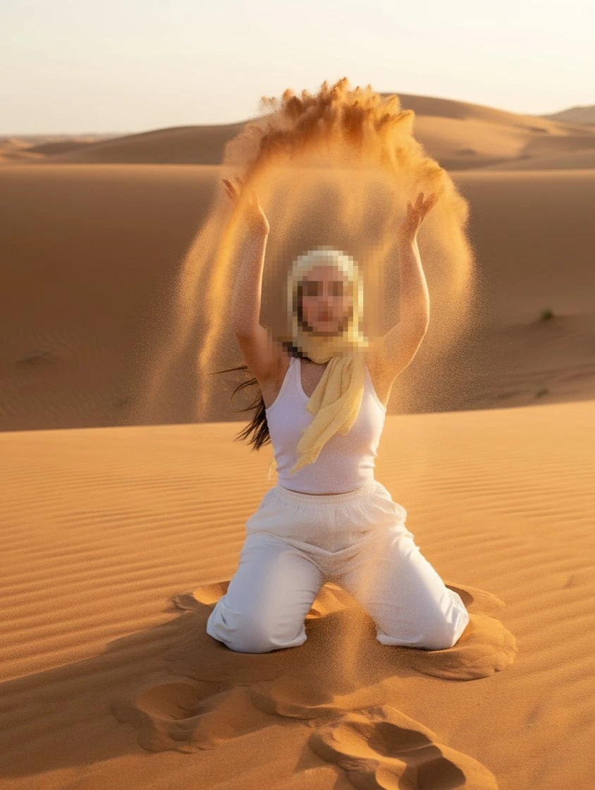 Woman in yellow scarf playing with sand in desert at golden sunset
