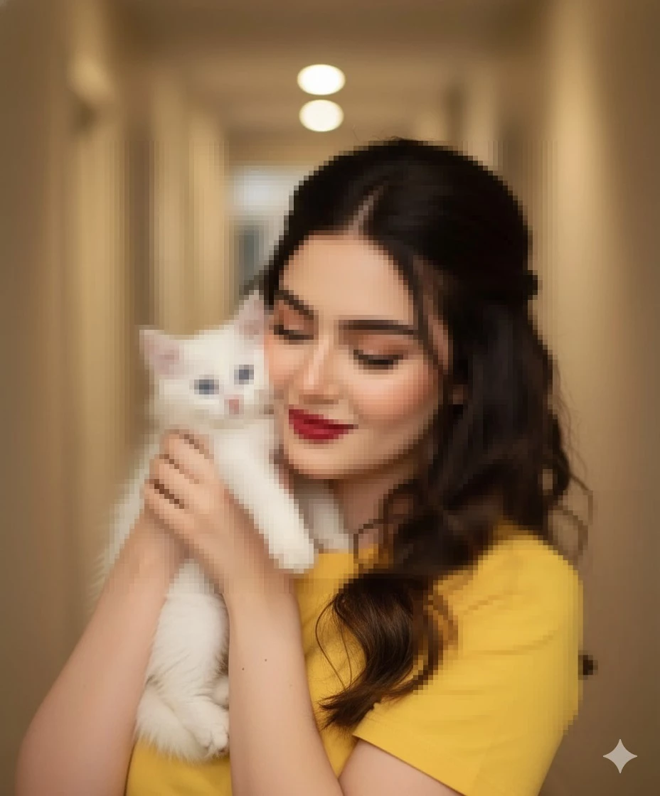 Woman in yellow shirt holding white kitten with blue eyes and smiling gently