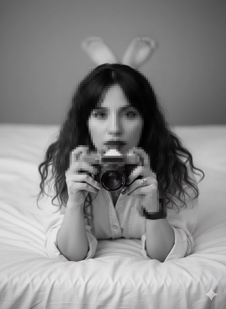 Woman lying on bed holding vintage camera in artistic black and white portrait