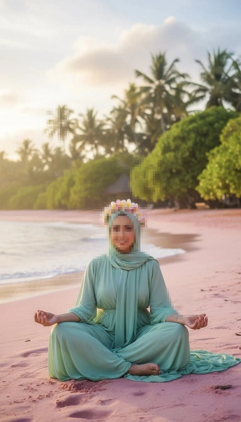 Woman meditating on pink sand beach wearing mint green dress and flower crown