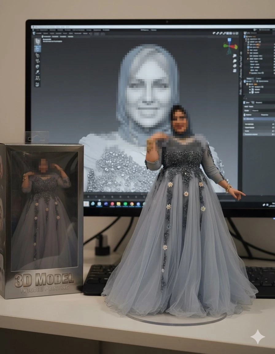Woman Posing with Her 3D Printed Figurine and Digital Model on Screen
