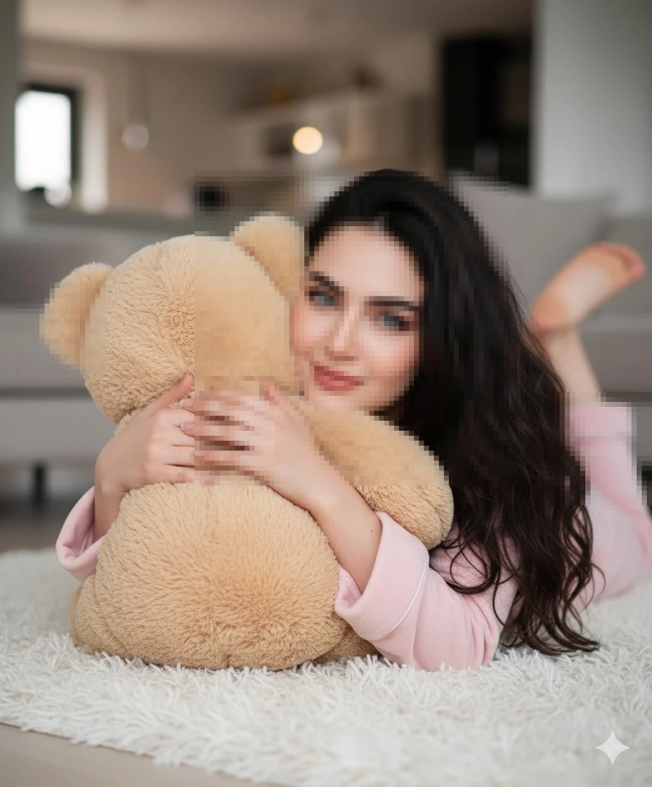 Woman relaxing at home hugging a soft teddy bear on a cozy white rug