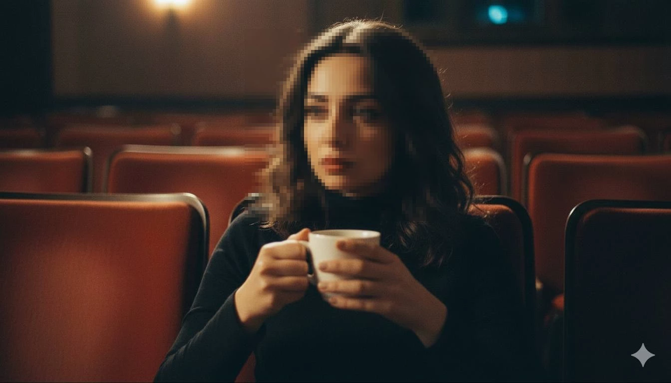 Woman sitting alone in theater holding a cup under warm cinematic lighting