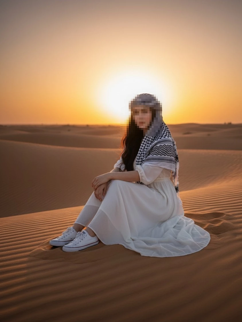 Woman Sitting on Desert Sand Dunes at Sunset Wearing Traditional Scarf