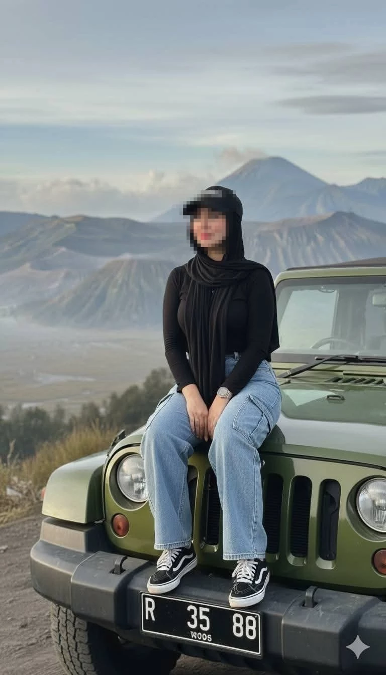 Woman sitting on green jeep with mountain view in the background