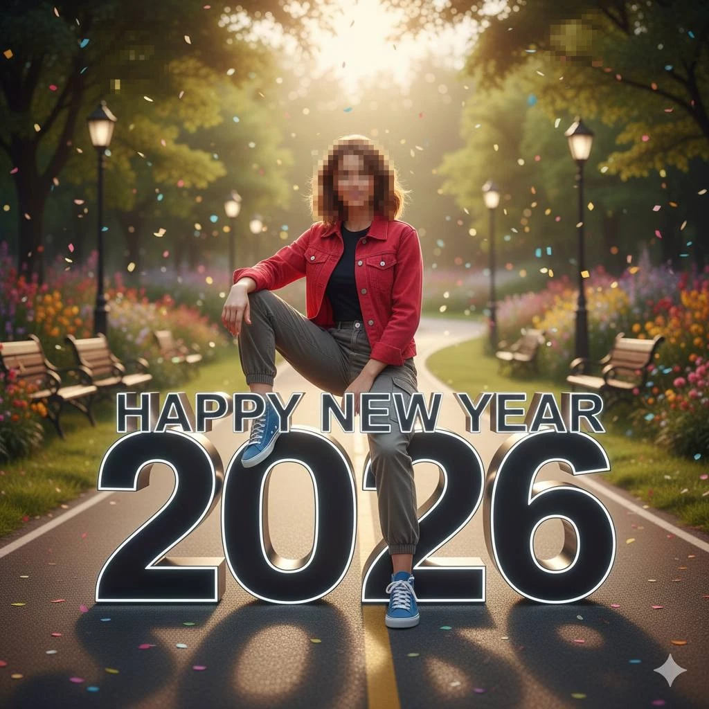Woman Sitting on Snow 2026 Sign with Mountain Sunrise NeHappy New Year 2026 Celebration in a Park with Confetti and Golden Light Year Theme