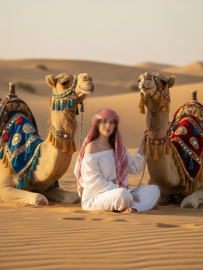 Woman sitting with decorated camels in the desert during golden sunset