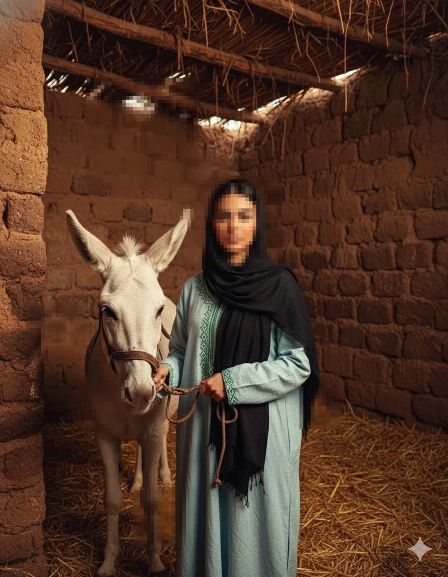 Woman standing with white donkey inside rustic clay stable wearing blue abaya