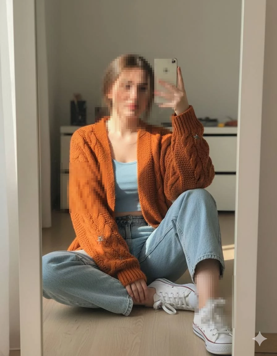 Woman taking mirror selfie in cozy outfit with orange cardigan and blue jeans