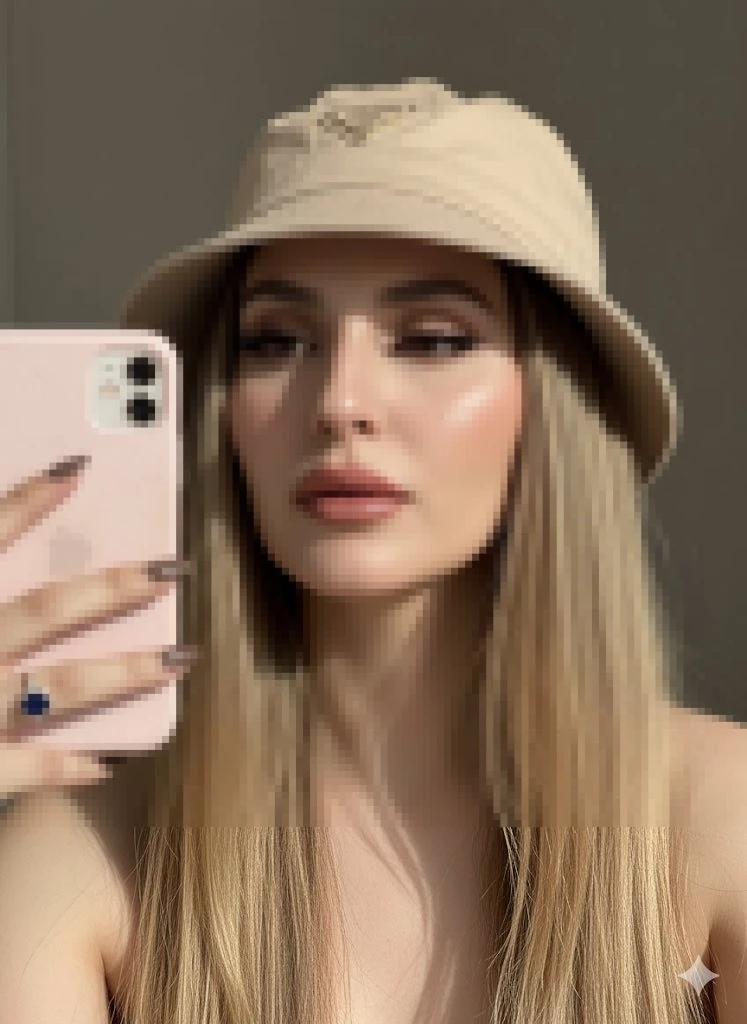 Woman taking mirror selfie wearing beige hat with natural soft makeup look