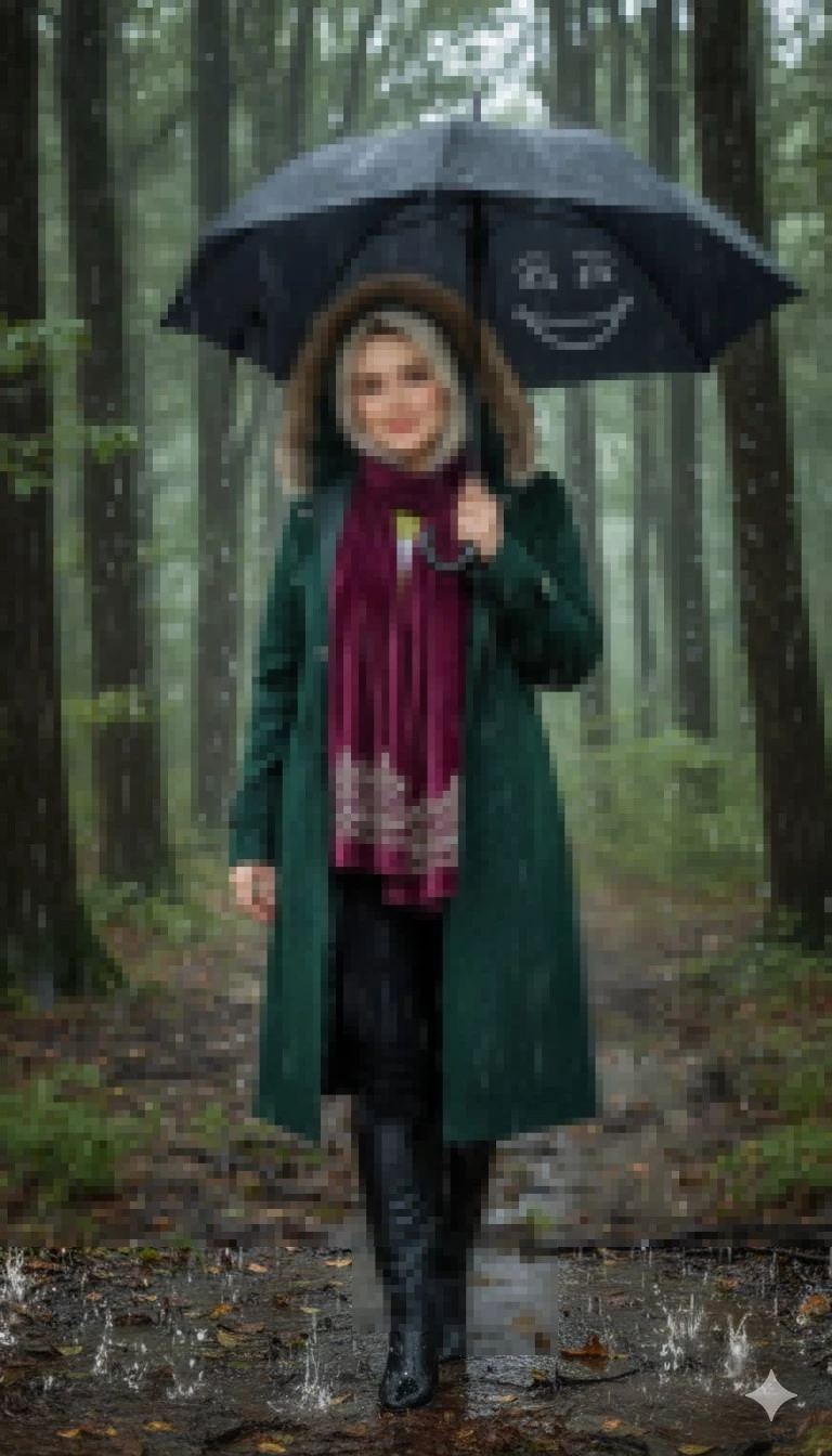 Woman walking in the rain holding an umbrella in a green forest path