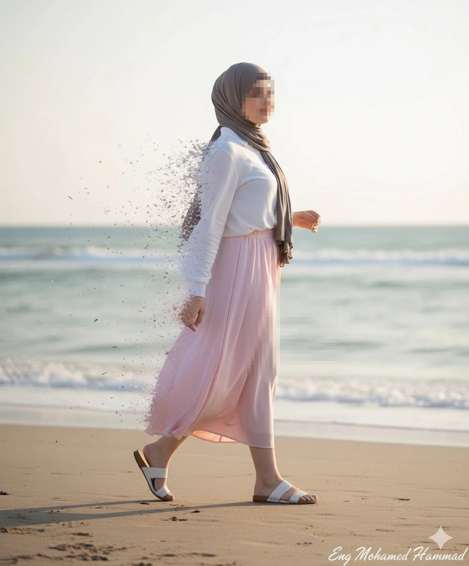 Woman walking on the beach in hijab and pink skirt with sand dispersion effect