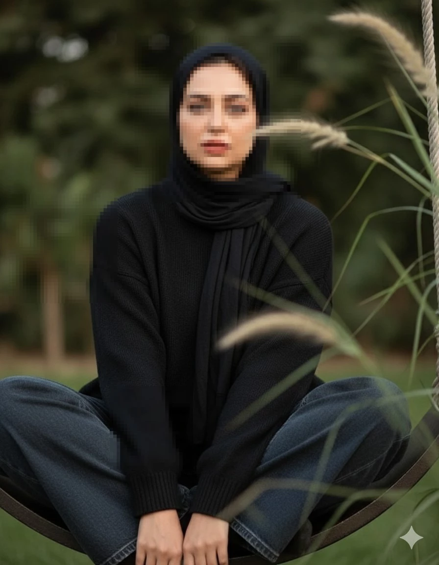 Woman wearing black hijab sitting outdoors surrounded by greenery and soft light