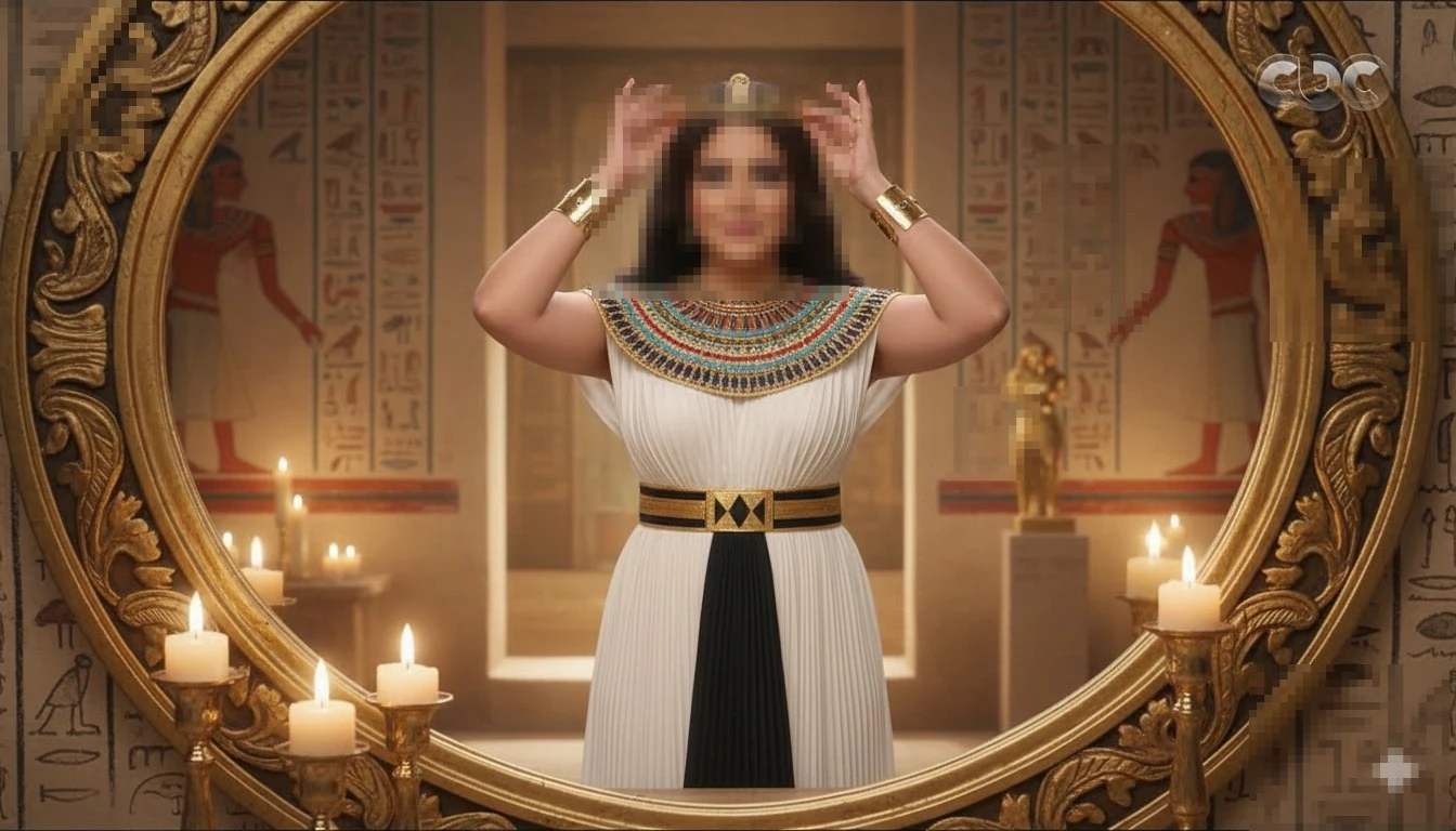 Woman wearing Egyptian-inspired white dress and crown in temple mirror reflection