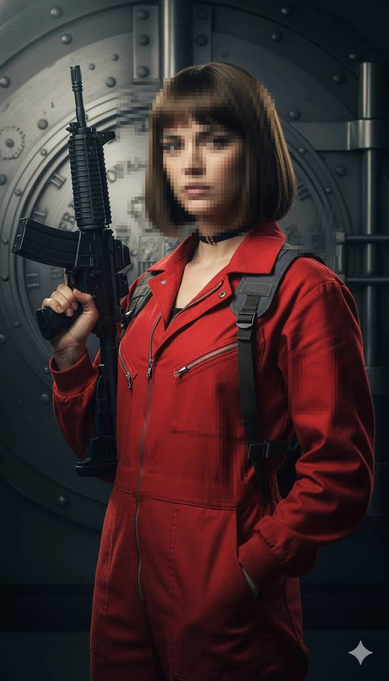 Woman wearing red jumpsuit holding rifle standing in front of metallic vault door
