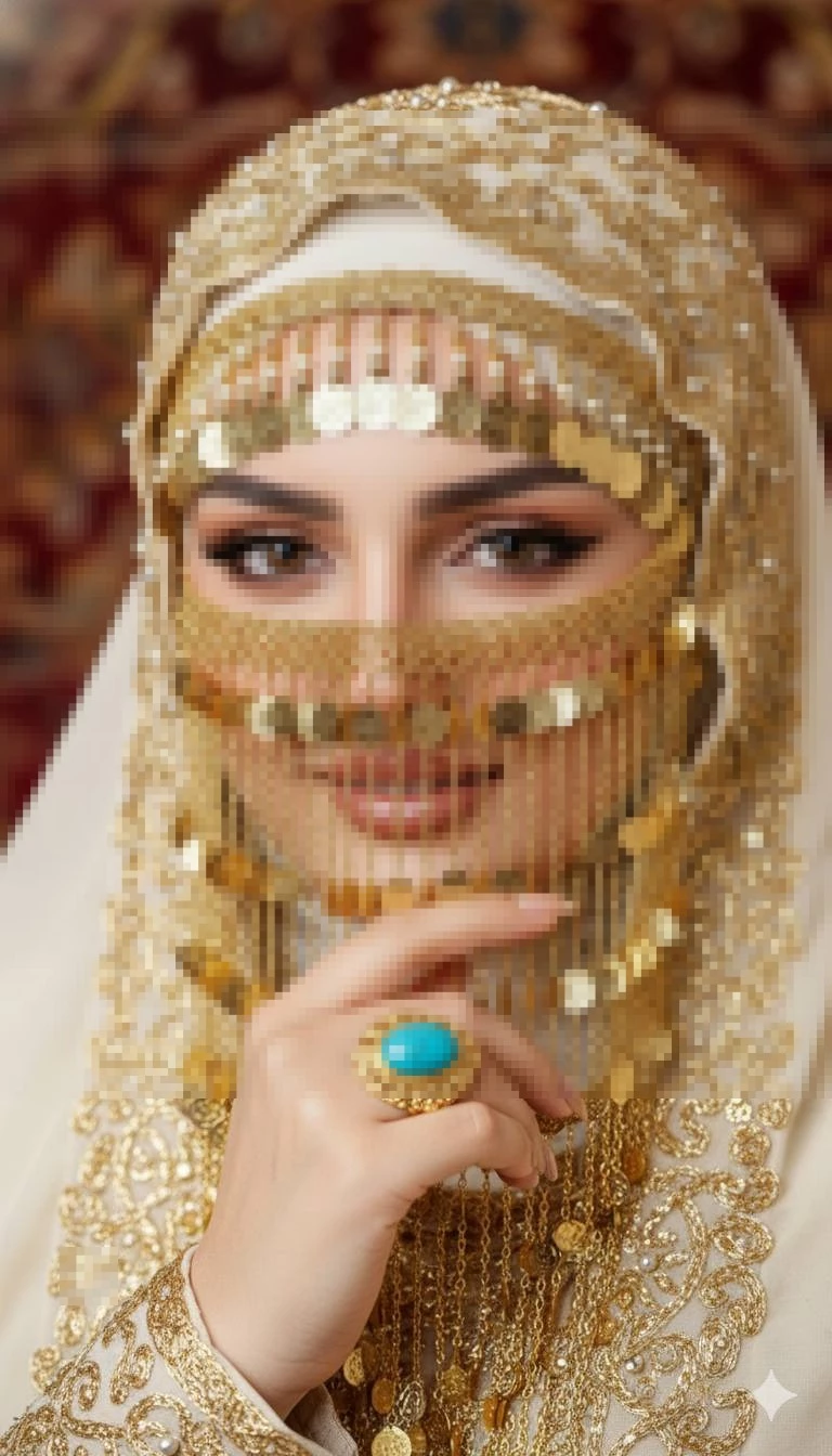 Woman wearing traditional golden veil and jewelry with turquoise ring