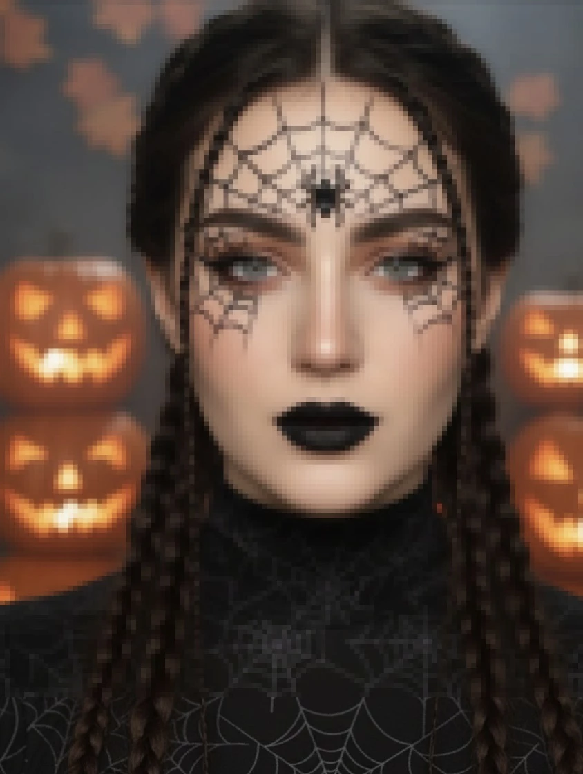 Woman with spiderweb makeup and black lipstick posing for Halloween portrait