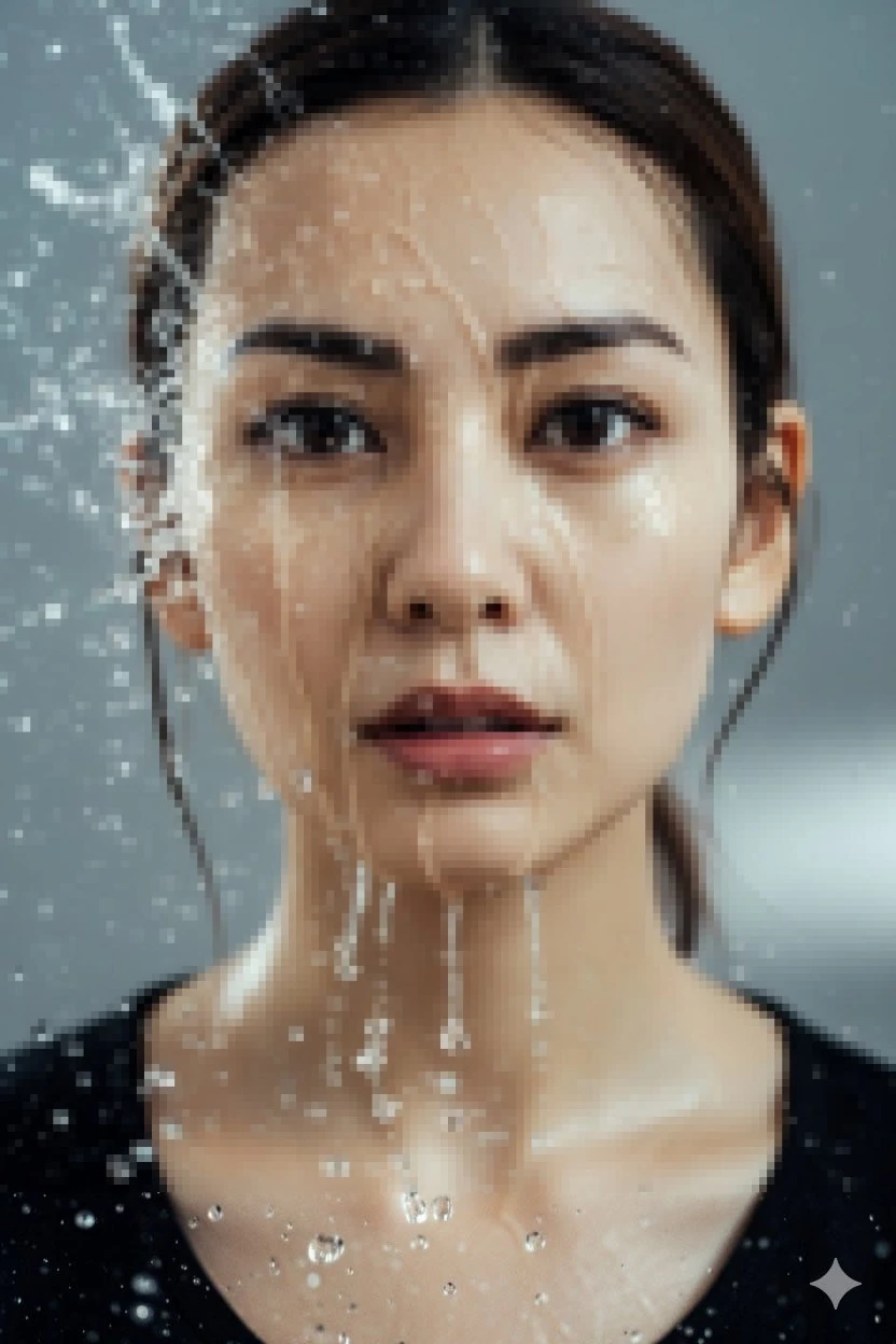 Woman with Wet Face and Water Droplets in Dramatic Close-Up Shot