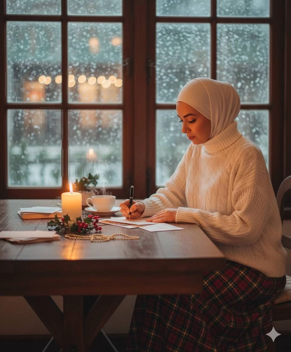 Woman writing by candlelight on a snowy winter evening near a cozy window