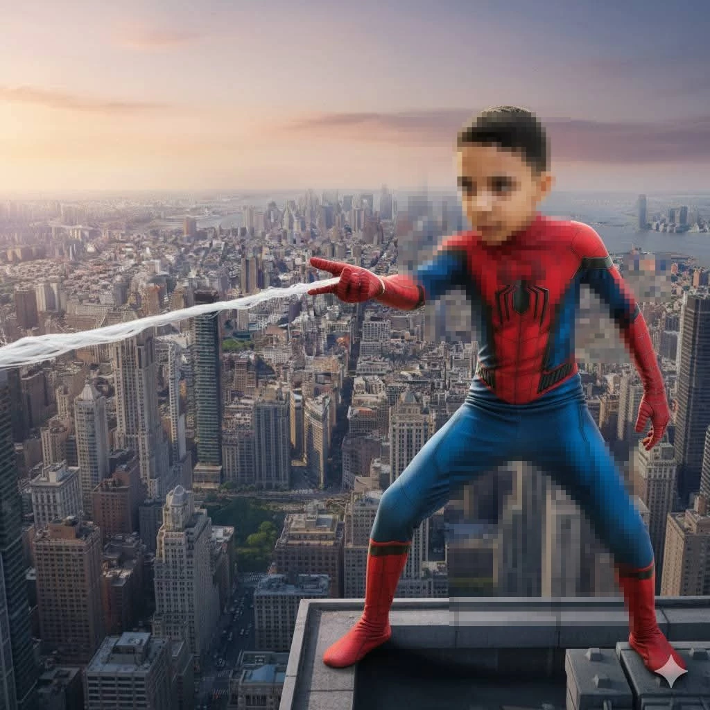 Young Boy Dressed as Spider-Man Standing on City Rooftop at Sunset