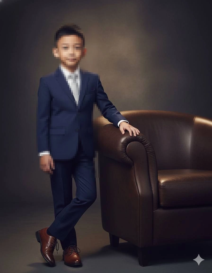 Young boy in navy blue suit posing confidently beside brown leather armchair