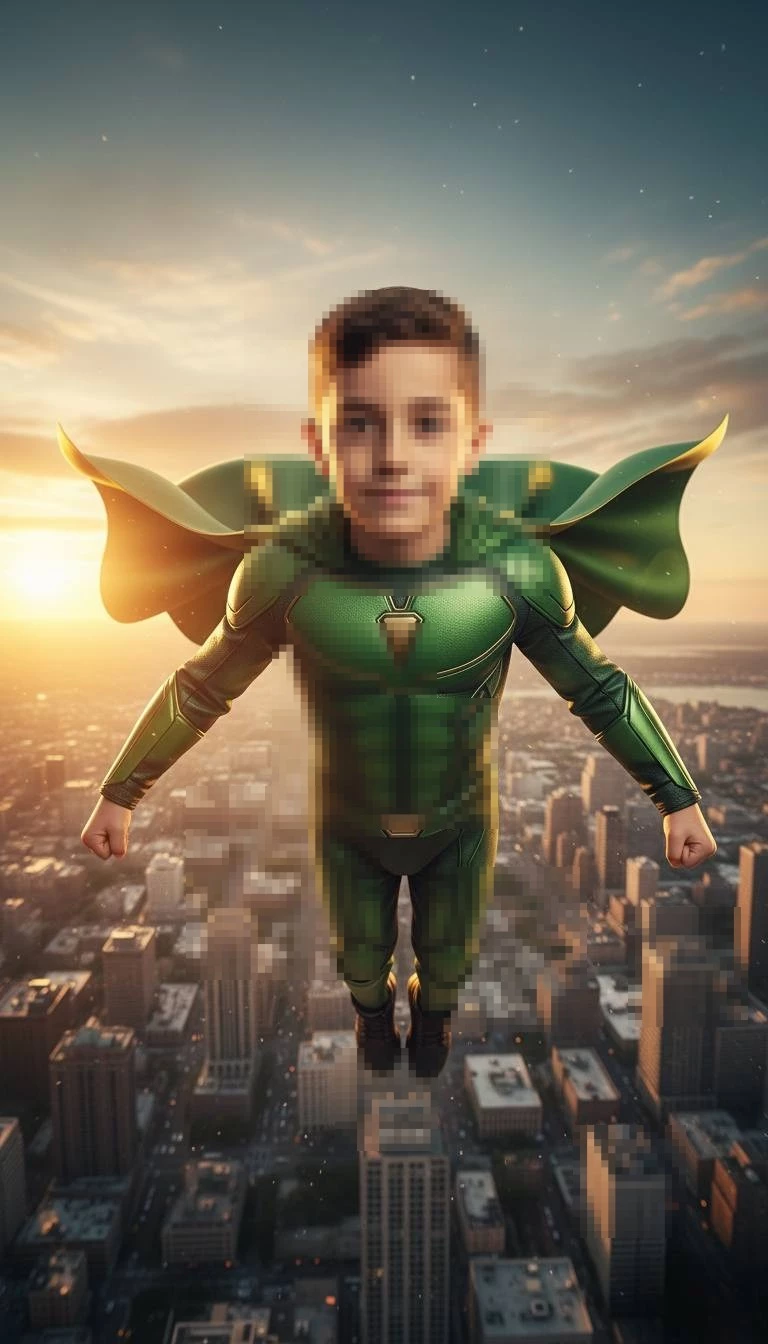 Young Boy Superhero Flying Over City at Sunset in Green Suit and Cape
