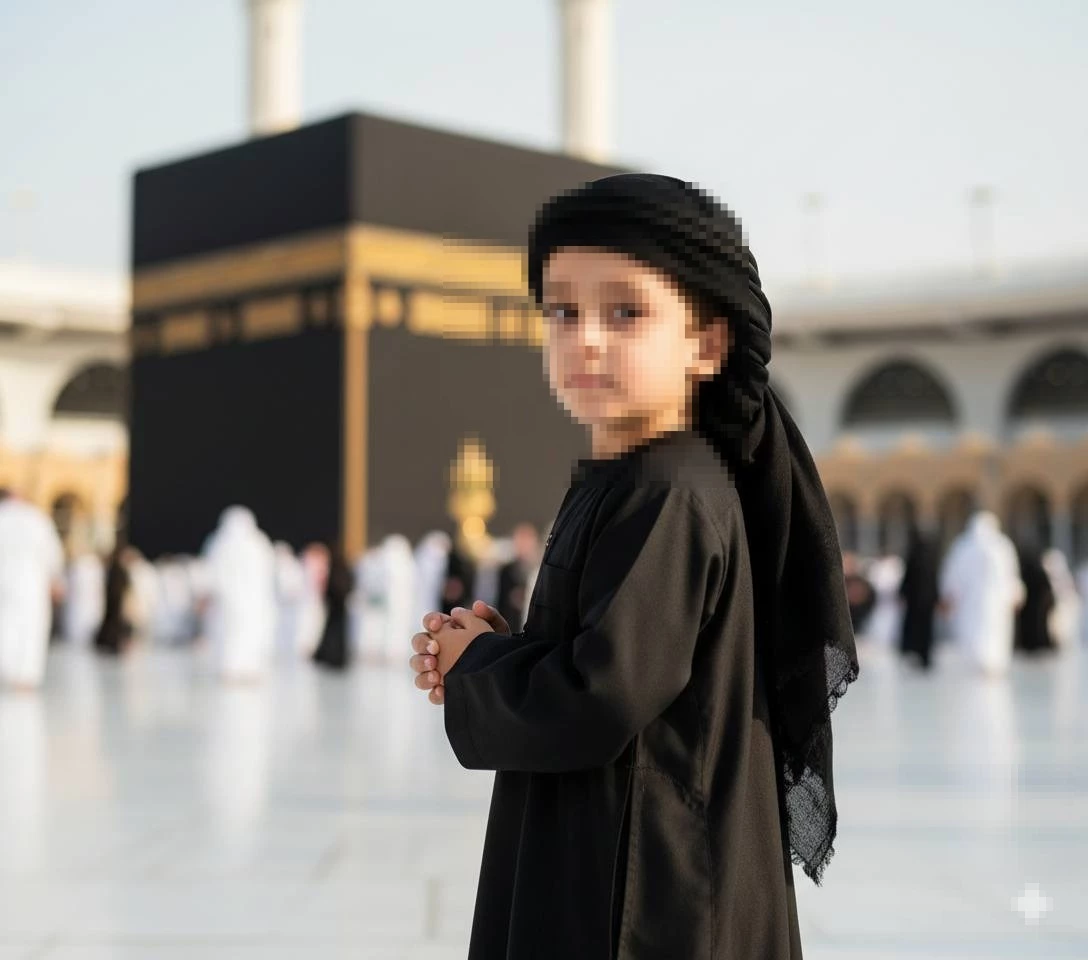 Young Child in Traditional Black Attire Standing Near the Holy Kaaba in Mecca