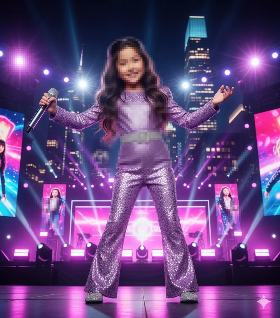 Young girl singing on stage in sparkling purple outfit under bright lights