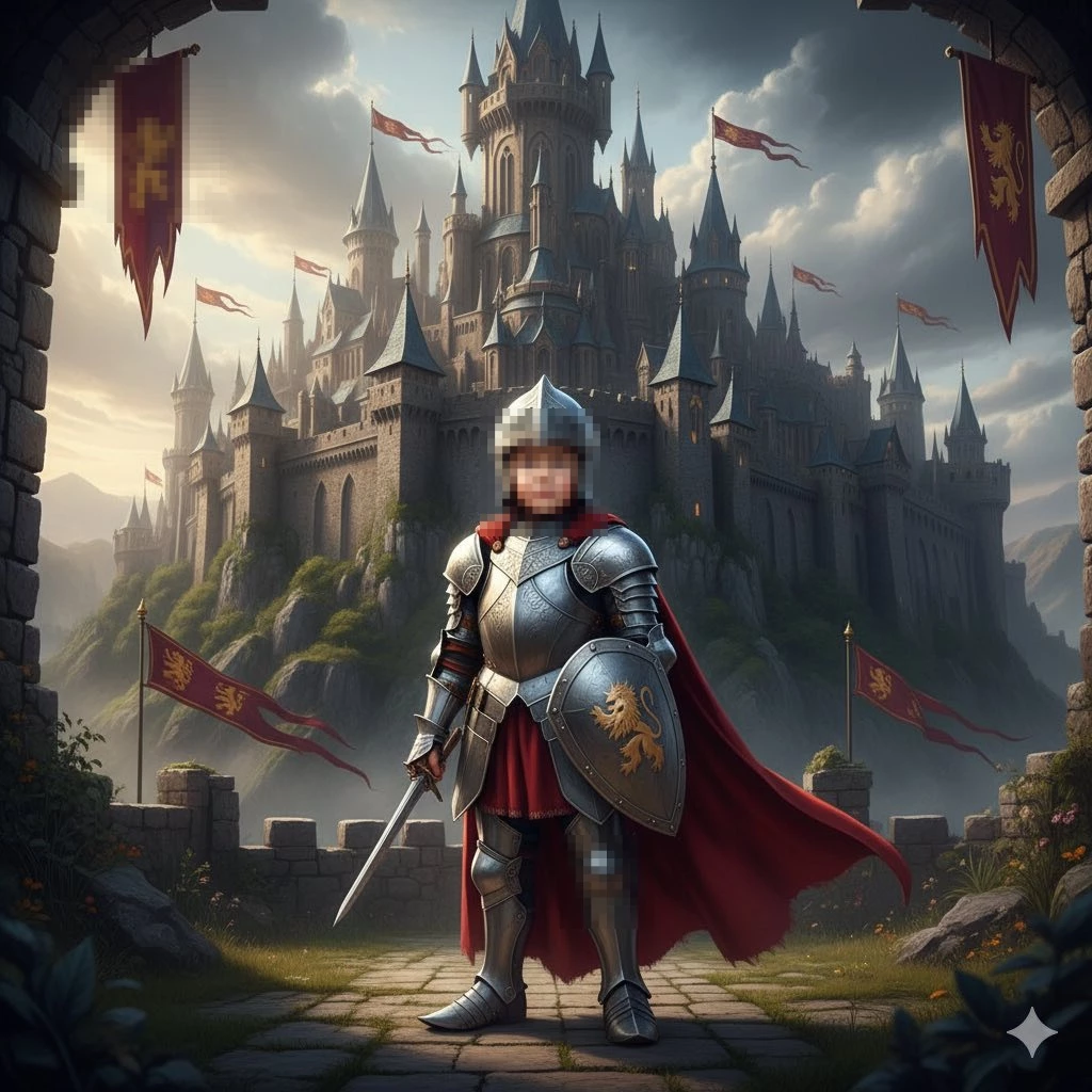 Young Knight in Silver Armor Standing Proudly Before Majestic Castle