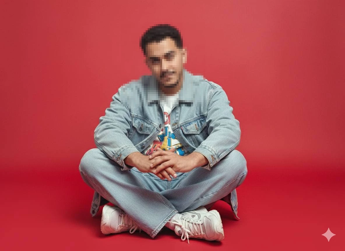 Young man in denim outfit sitting casually against bold red background