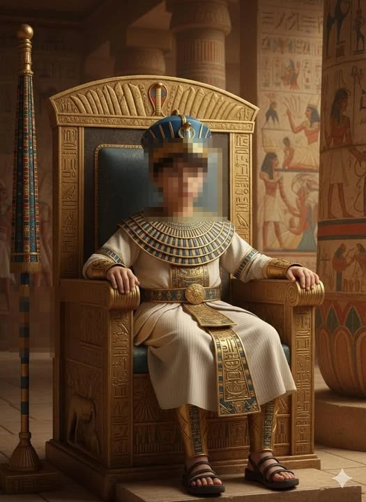 Young Pharaoh Sitting on a Golden Throne in an Ancient Egyptian Temple