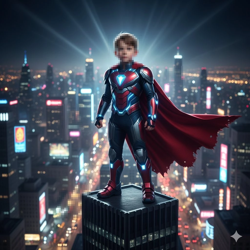 Young Superhero Boy in Futuristic Armor Standing on City Rooftop at Night