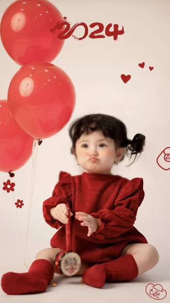 Adorable Baby in Red Outfit with Balloons Celebrating 2024