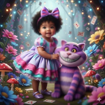 Adorable Girl in Fairy Forest with Cheshire Cat and Magical Lights