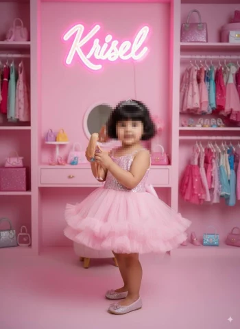 Adorable little girl in pink princess dress playing in stylish Barbie room