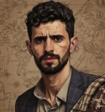 Adventurous man portrait with vintage world map background in artistic illustration style