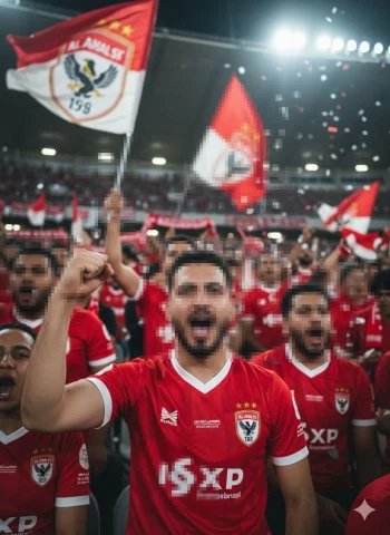 Al Ahly Fans Celebrating with Flags and Chants in a Packed Football Stadium