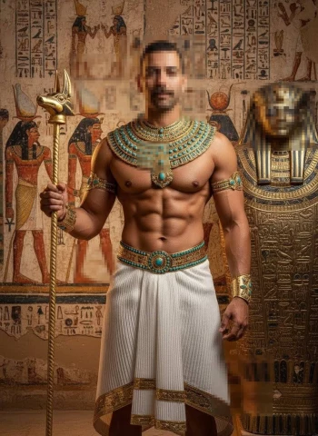 Ancient Egyptian pharaoh holding Anubis staff inside decorated temple hall
