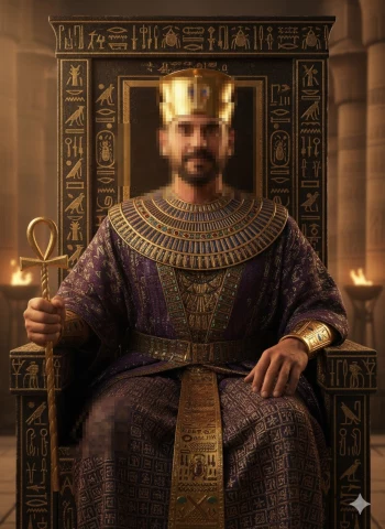 Ancient Egyptian pharaoh sitting on golden throne wearing royal purple robe