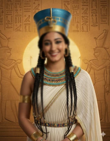 Ancient Egyptian Queen in Blue and Gold Headdress with Hieroglyphic Background